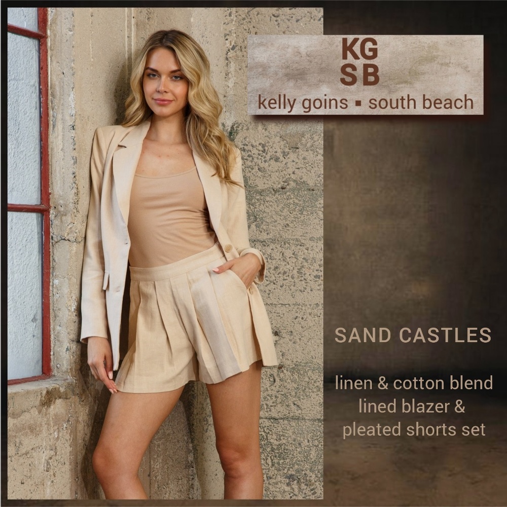 KGSB "Sand Castles" Linen & Cotton Blend Fully Lined Blazer & Pleated Shorts Set